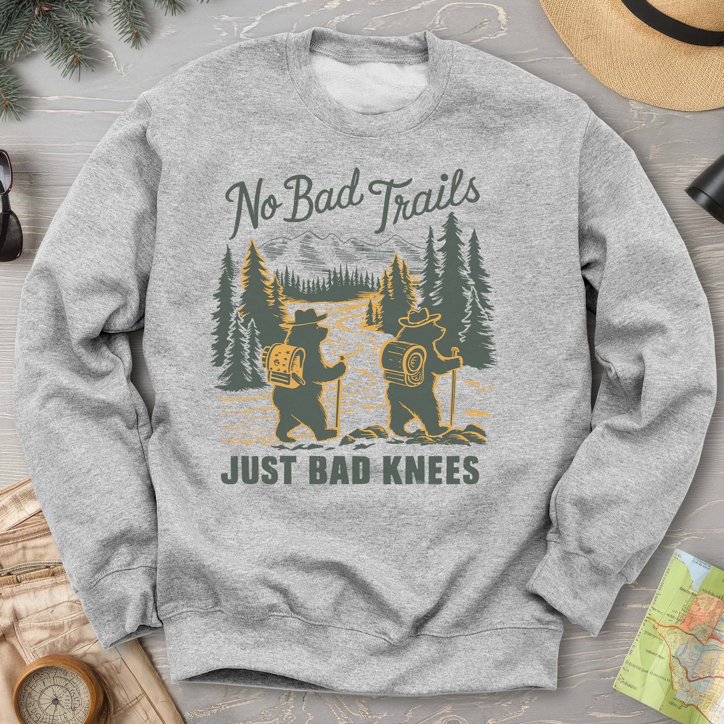 No Bad Trails Just Bad Knees Funny Hiking Crewneck Sweatshirt