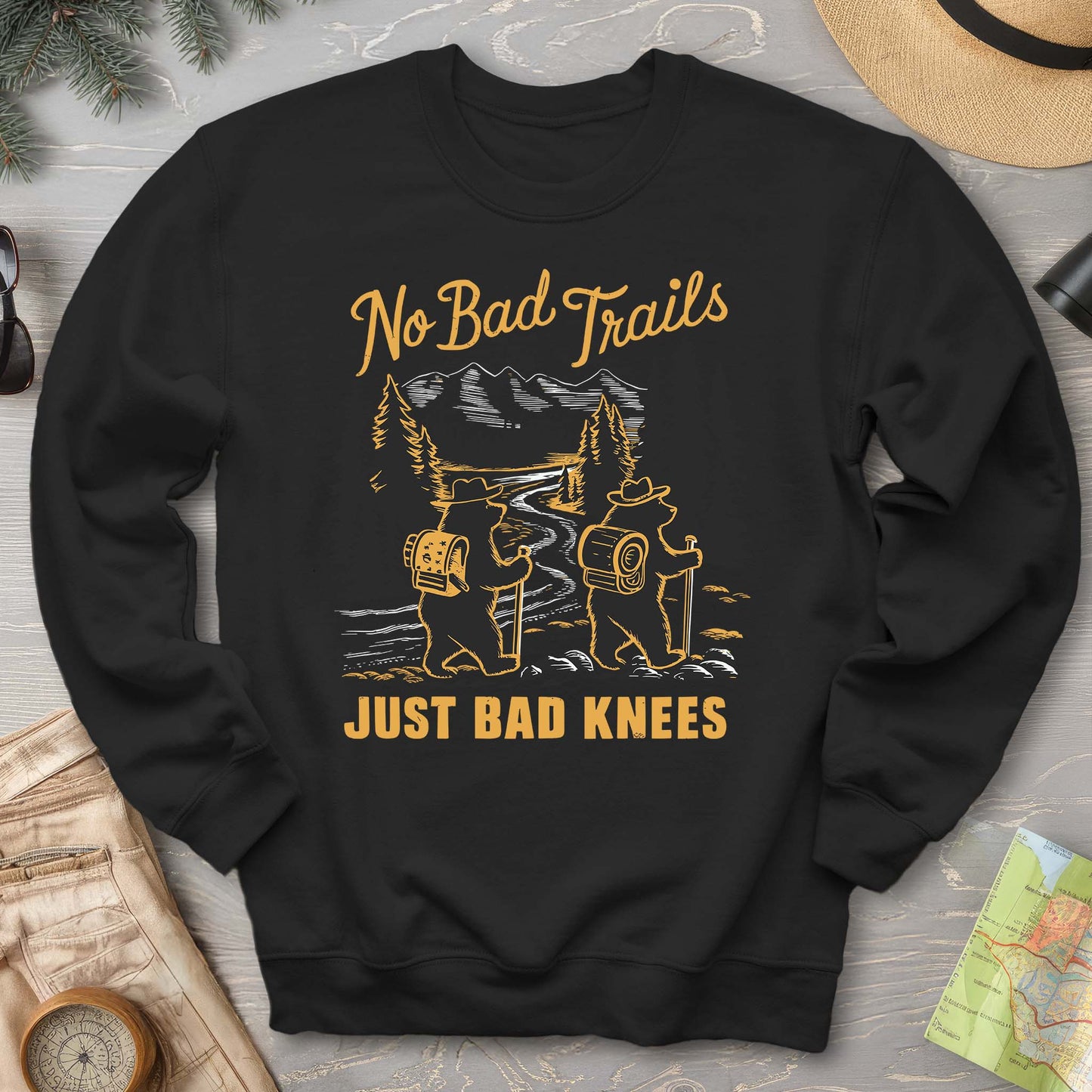 No Bad Trails Just Bad Knees Funny Hiking Crewneck Sweatshirt