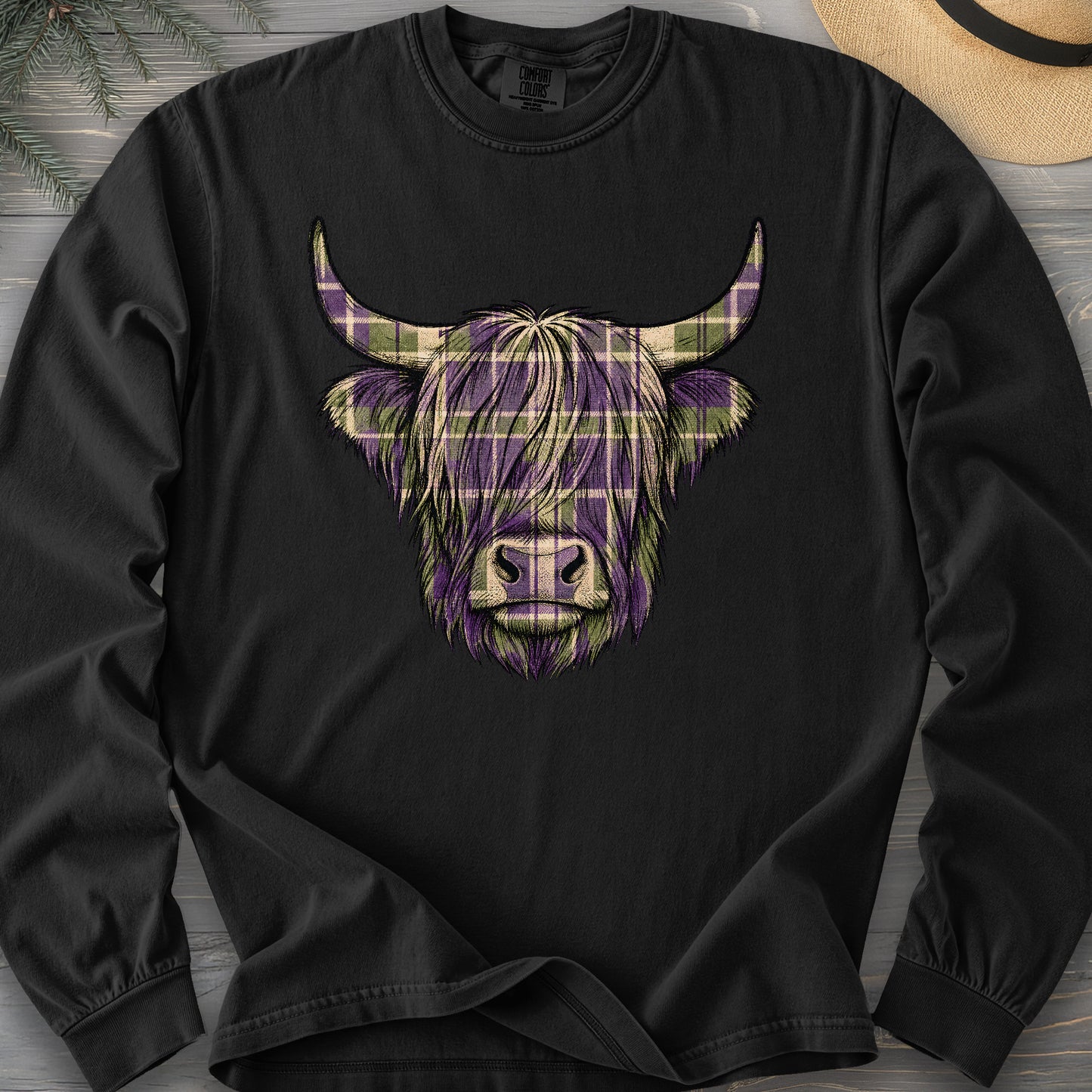Scottish Highland Plaid Coo Comfort Colors 6014 Long Sleeve