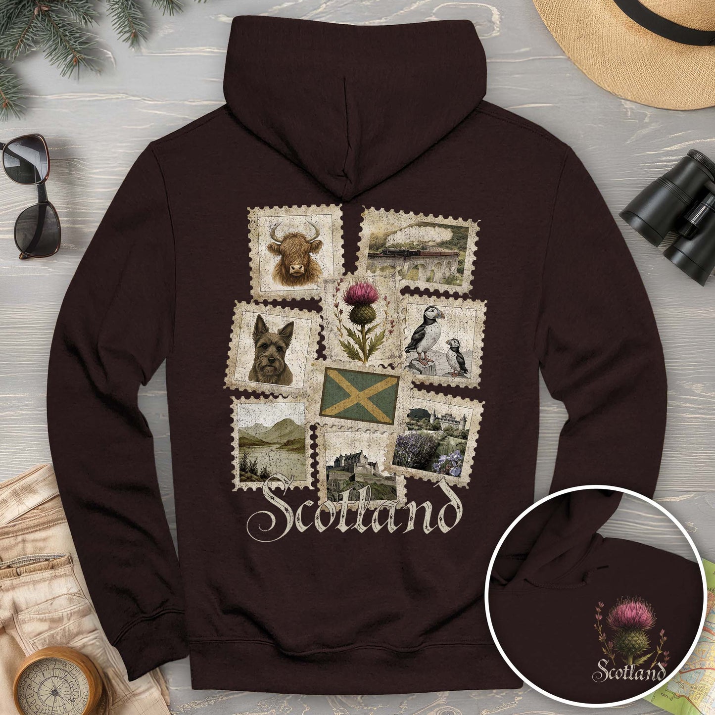 Scotland Vintage Stamps Front/Back Print Hoodie