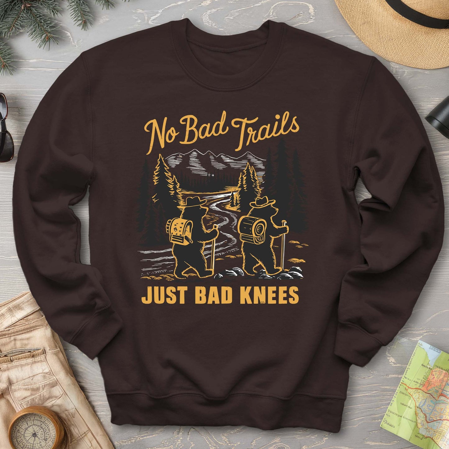 No Bad Trails Just Bad Knees Funny Hiking Crewneck Sweatshirt