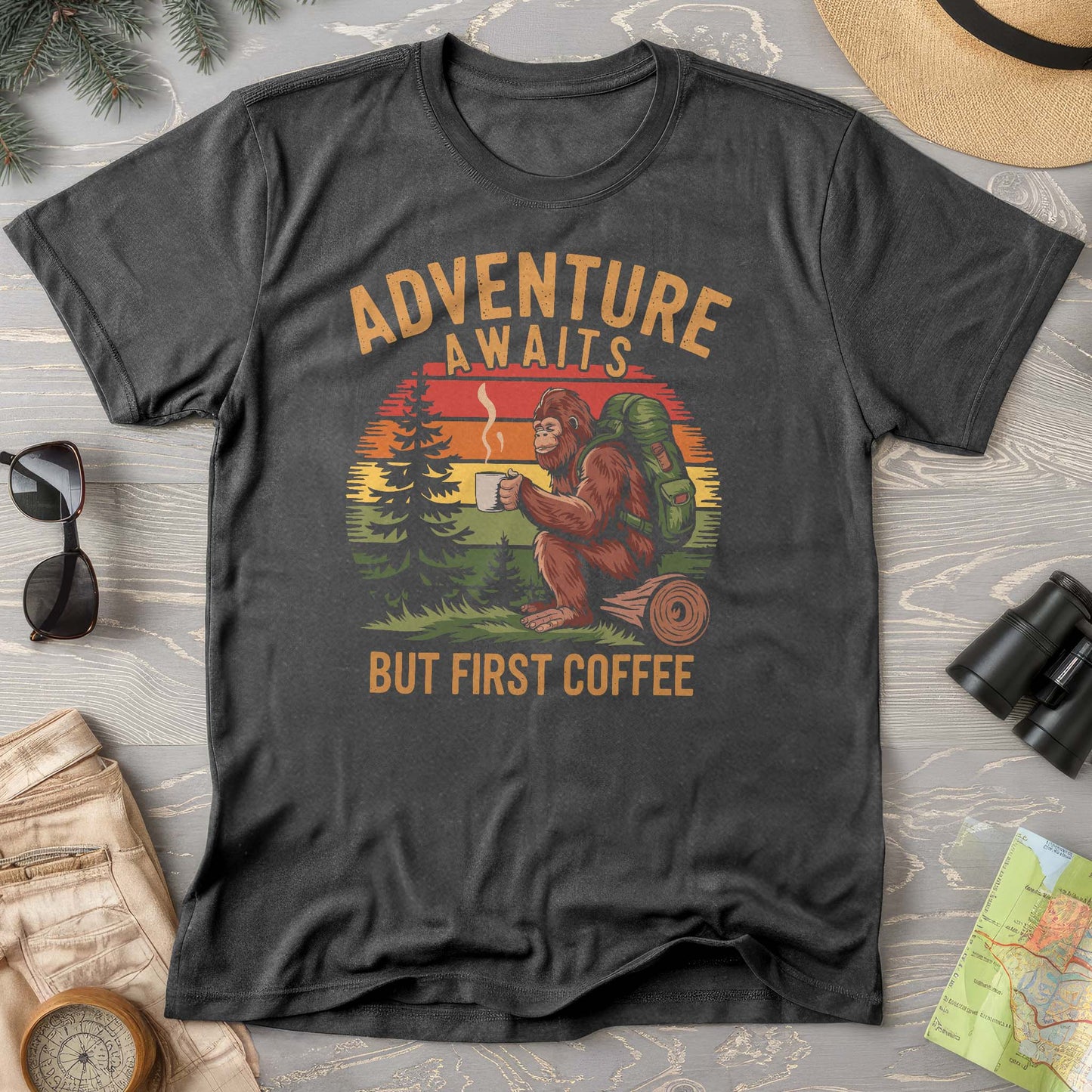 Adventure Awaits But First Coffee "Bigfoot Design" T-Shirt