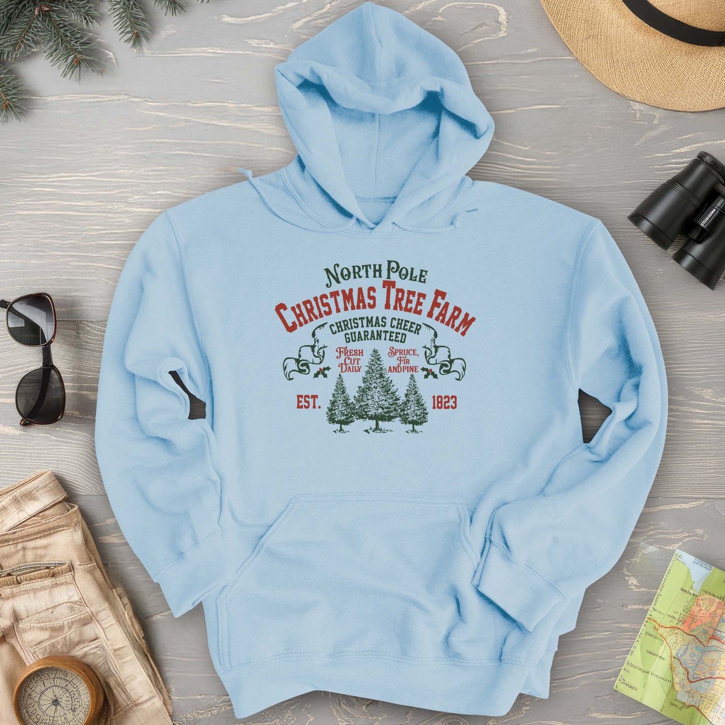 North Pole Christmas Tree Farm Vintage Print Hoodie