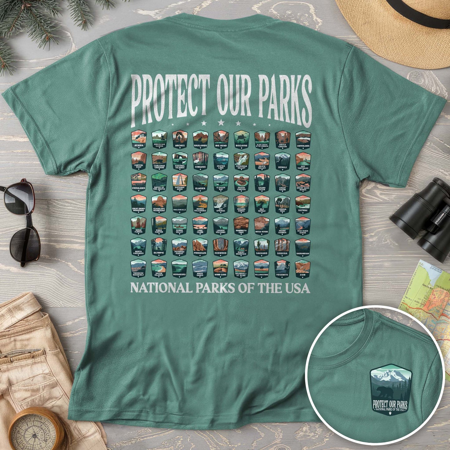Protect our Parks Badges Front/Back Print T-Shirt