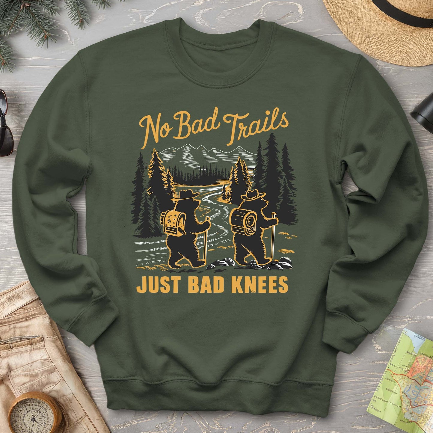 No Bad Trails Just Bad Knees Funny Hiking Crewneck Sweatshirt