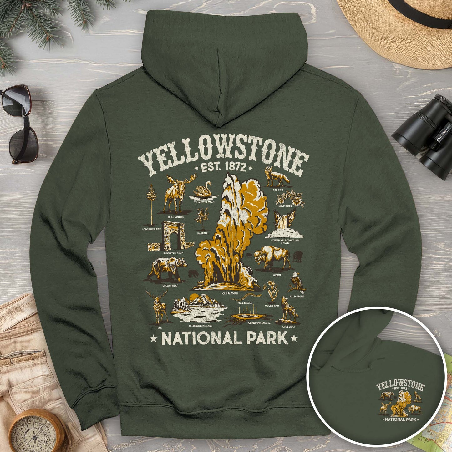 Yellowstone National Park Vintage Front/Back Print Hoodie