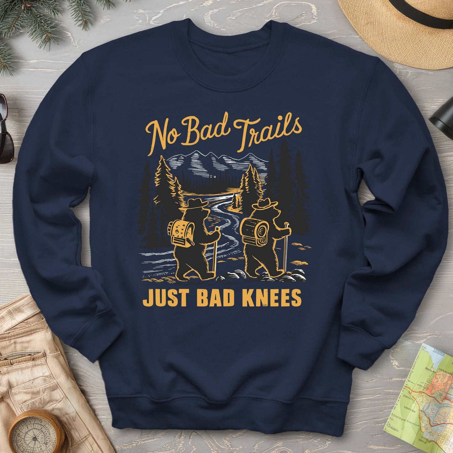 No Bad Trails Just Bad Knees Funny Hiking Crewneck Sweatshirt