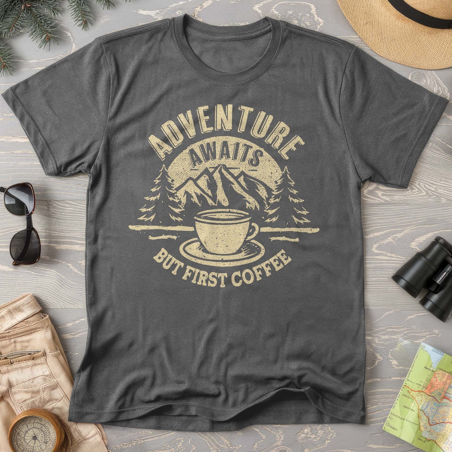 "Adventure Awaits But First Coffee" T-Shirt