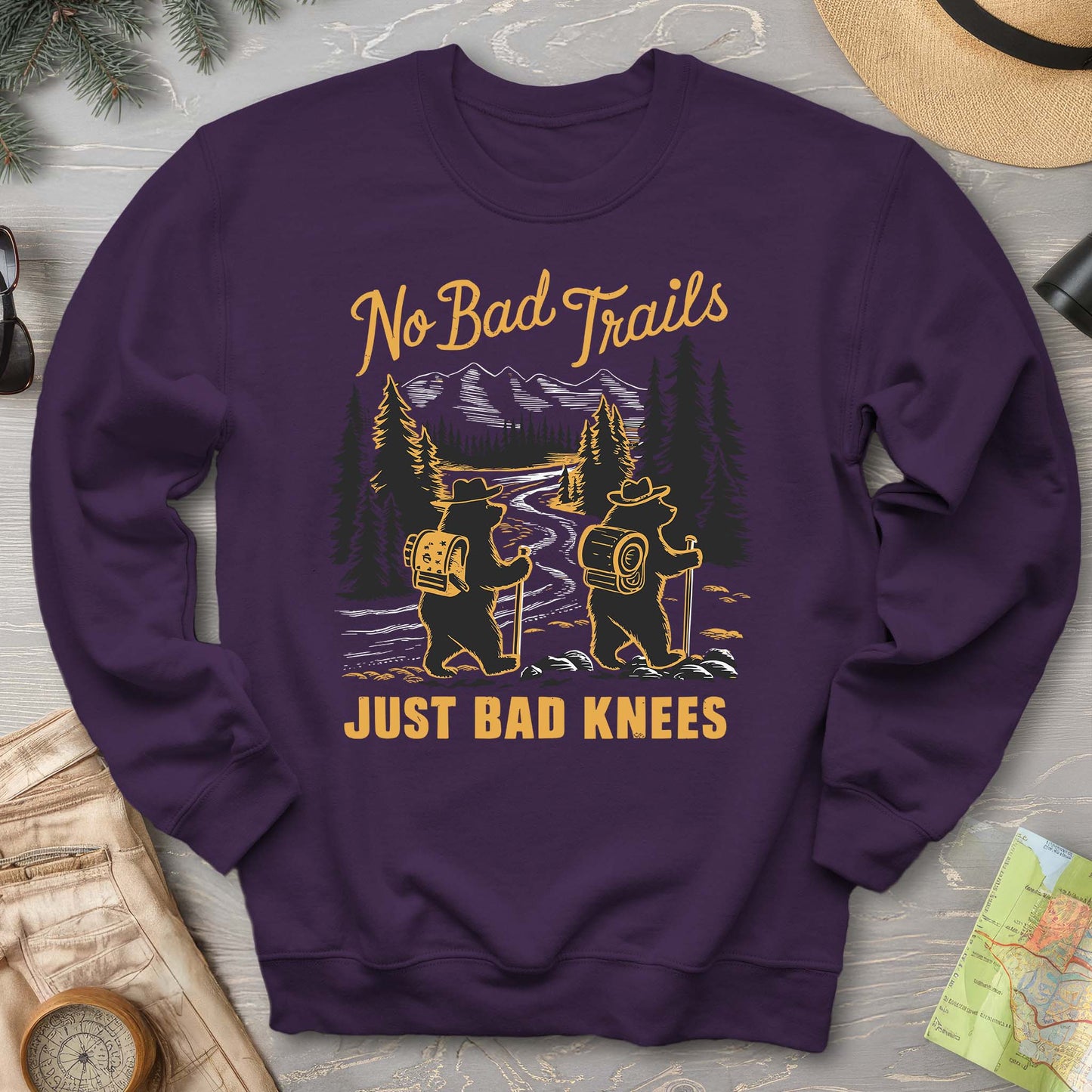 No Bad Trails Just Bad Knees Funny Hiking Crewneck Sweatshirt