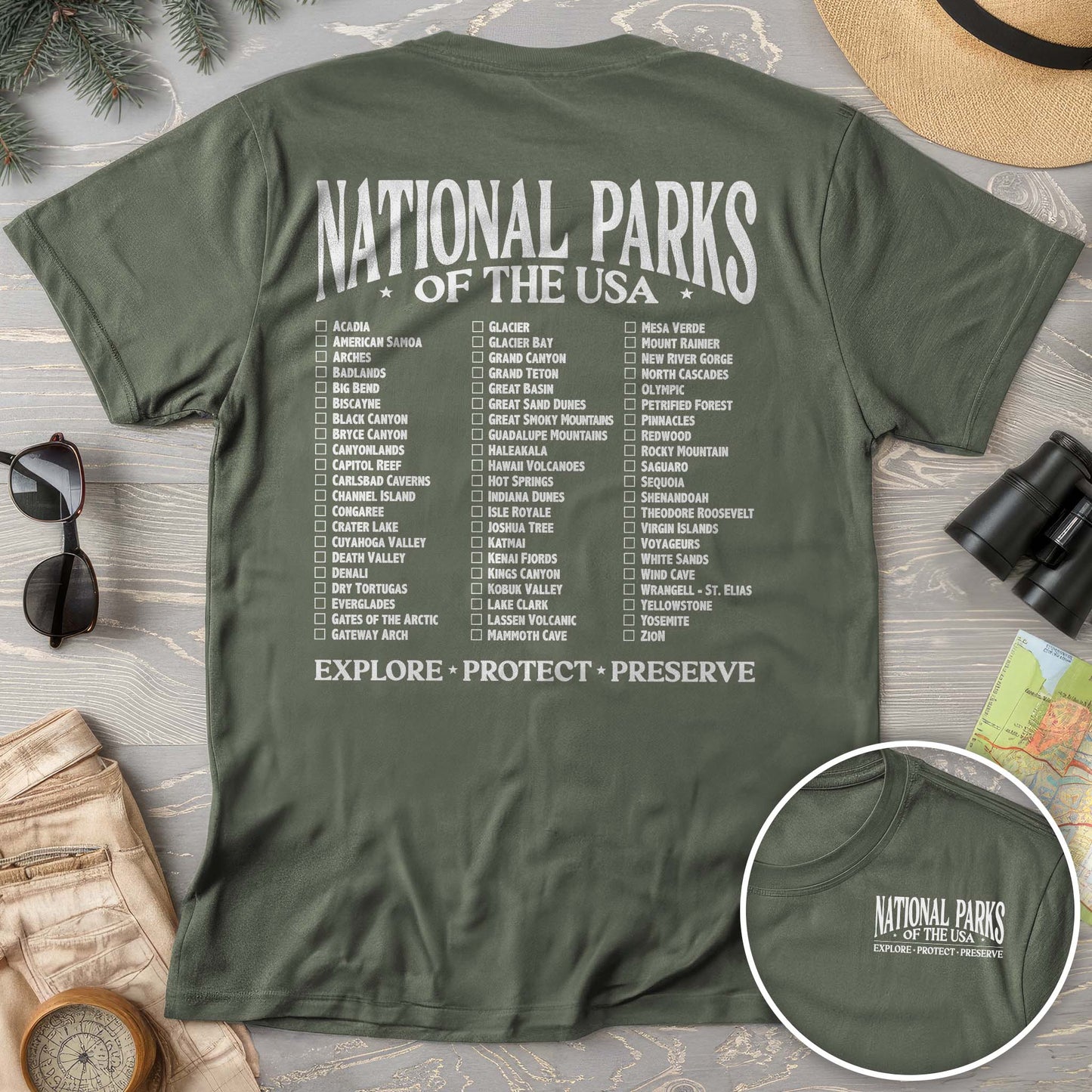 National Parks of the USA Checklist Front/Back Print T-Shirt