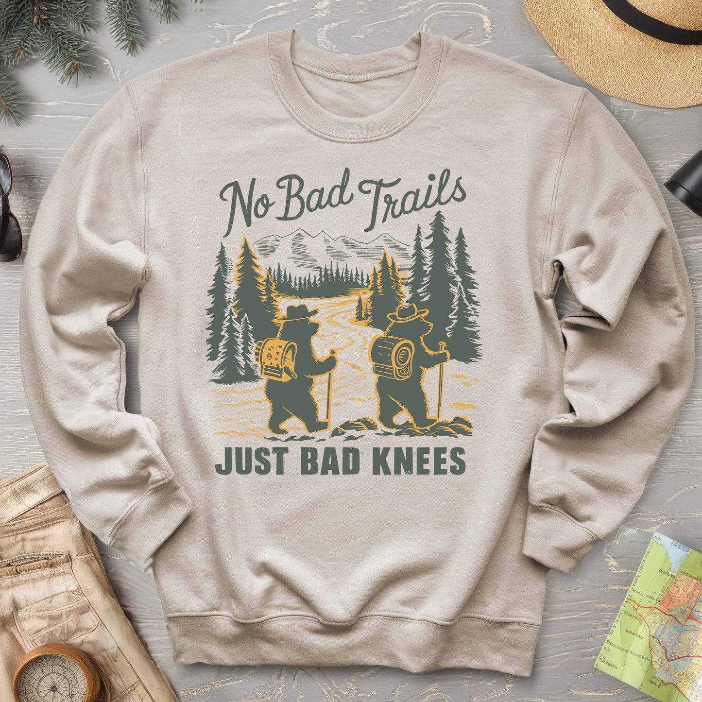 No Bad Trails Just Bad Knees Funny Hiking Crewneck Sweatshirt