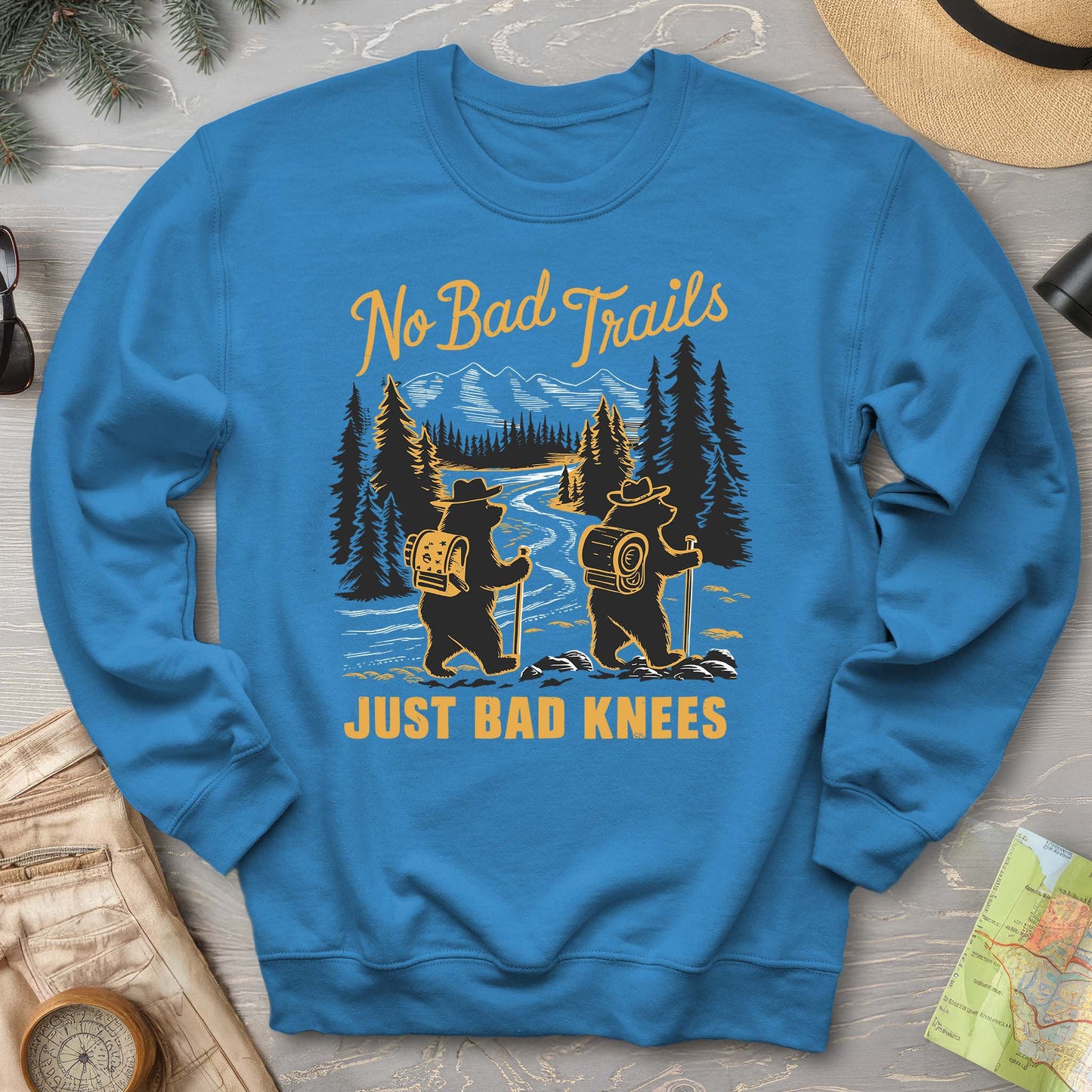 No Bad Trails Just Bad Knees Funny Hiking Crewneck Sweatshirt