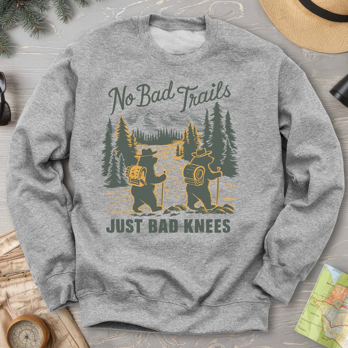 No Bad Trails Just Bad Knees Funny Hiking Crewneck Sweatshirt