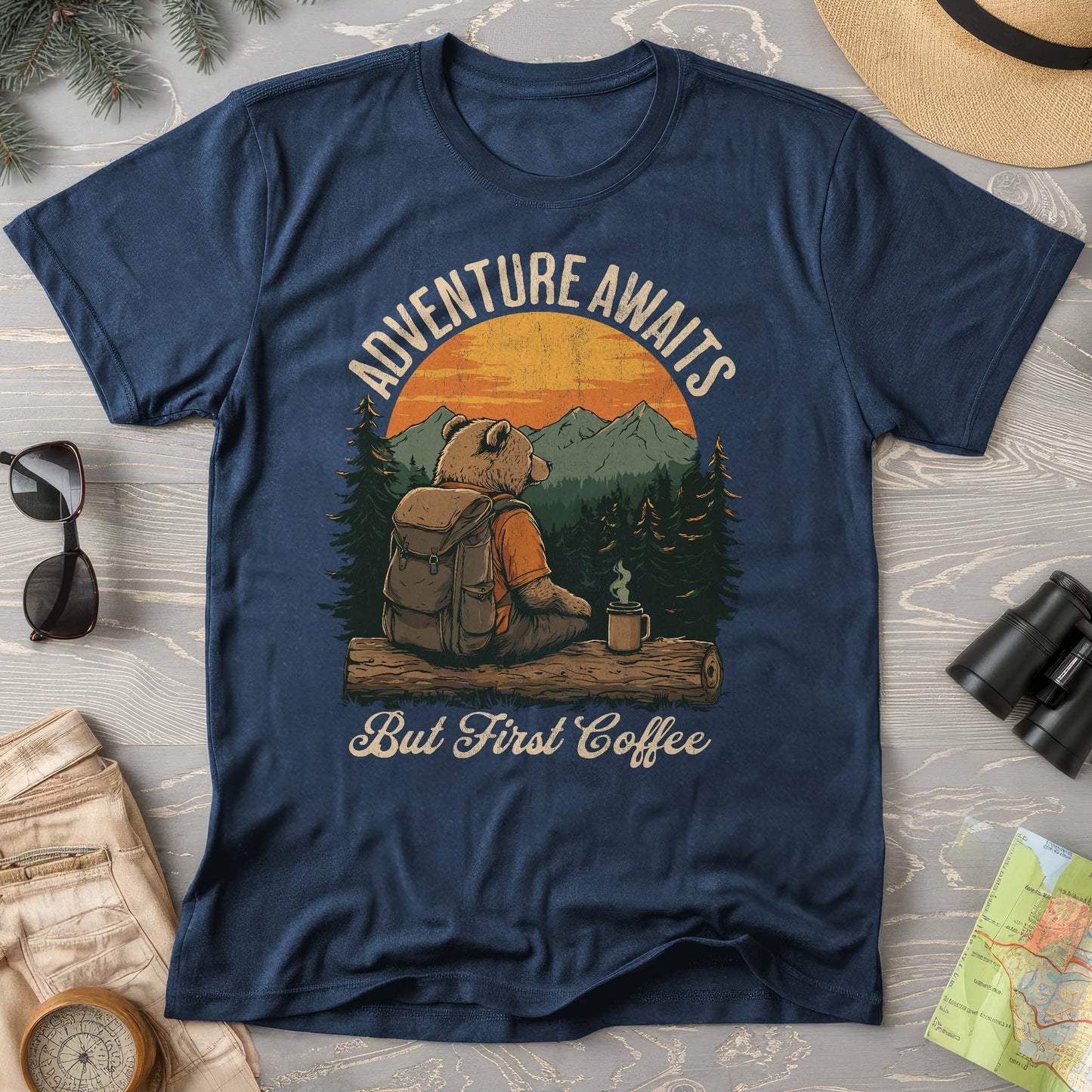 Adventure Awaits But First Coffee "Bear Design" T-Shirt