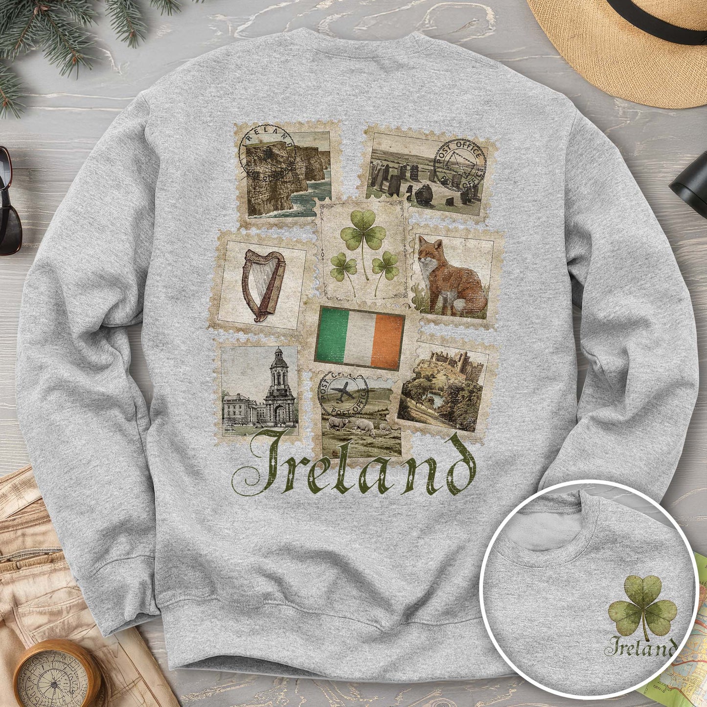 Ireland Vintage Stamps Front/Back Print Sweatshirt