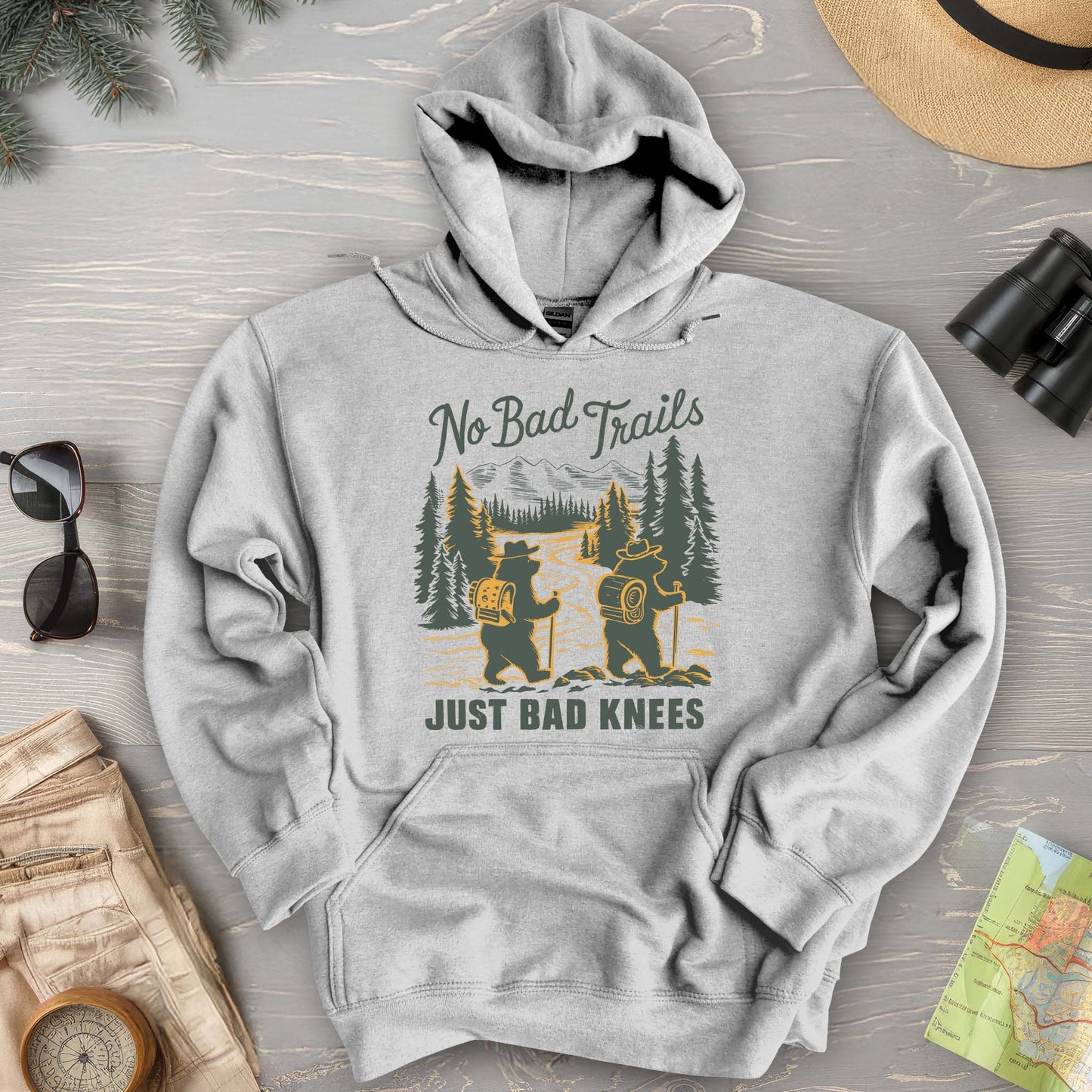 No Bad Trails Just Bad Knees Funny Hiking Hoodie