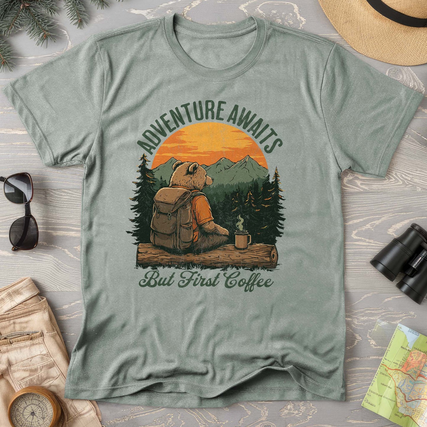 Adventure Awaits But First Coffee "Bear Design" Comfort Colors T-Shirt