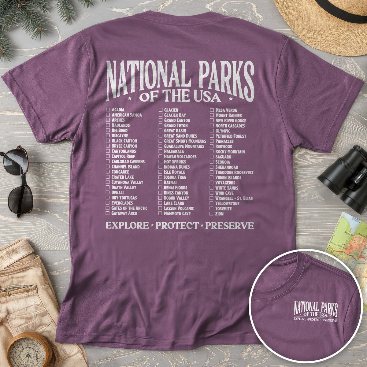 Bargain Bin Overstock! National Parks of the USA Checklist Front/Back Print T-Shirt