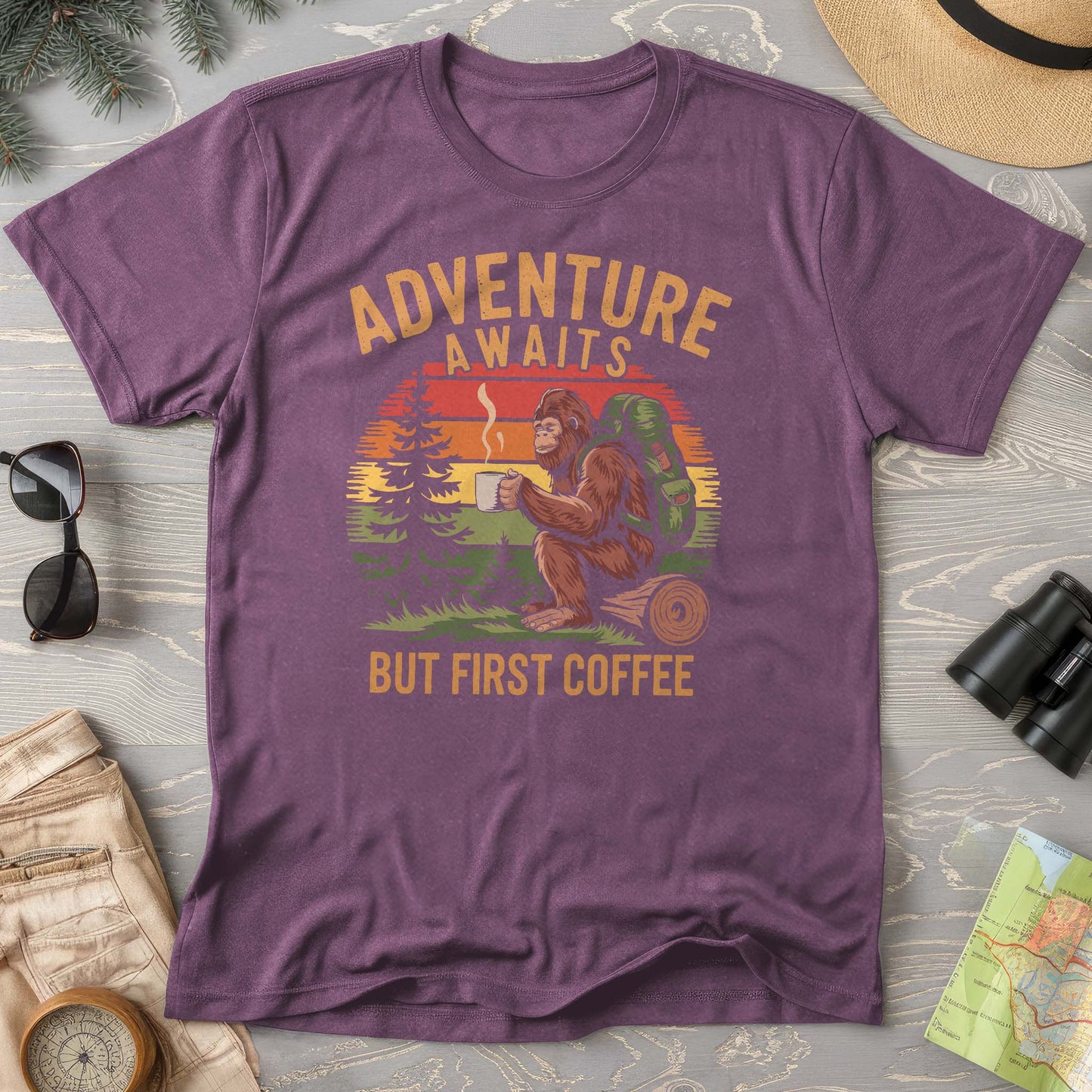 Adventure Awaits But First Coffee "Bigfoot Design" Comfort Colors T-Shirt