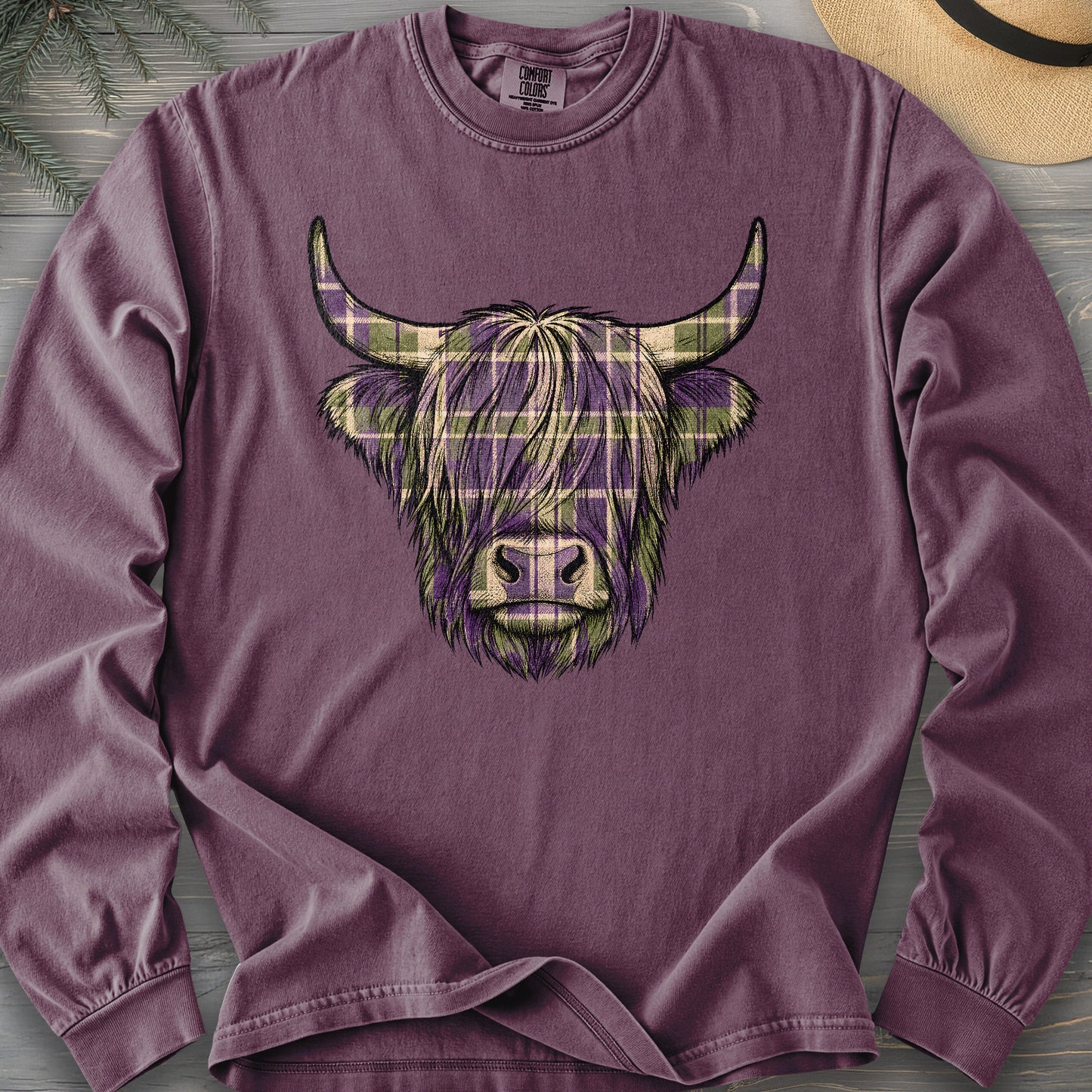 Scottish Highland Plaid Coo Comfort Colors 6014 Long Sleeve