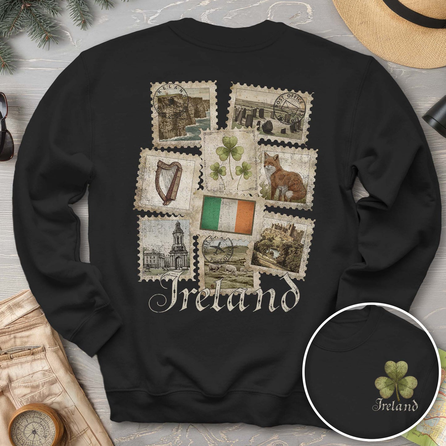 Ireland Vintage Stamps Front/Back Print Sweatshirt
