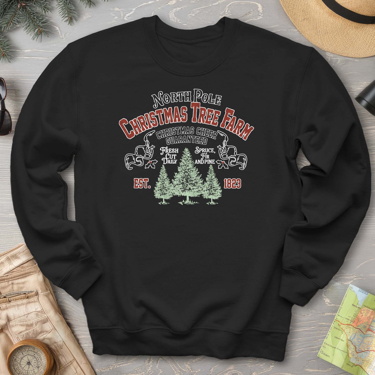 North Pole Christmas Tree Farm Vintage Print Sweatshirt