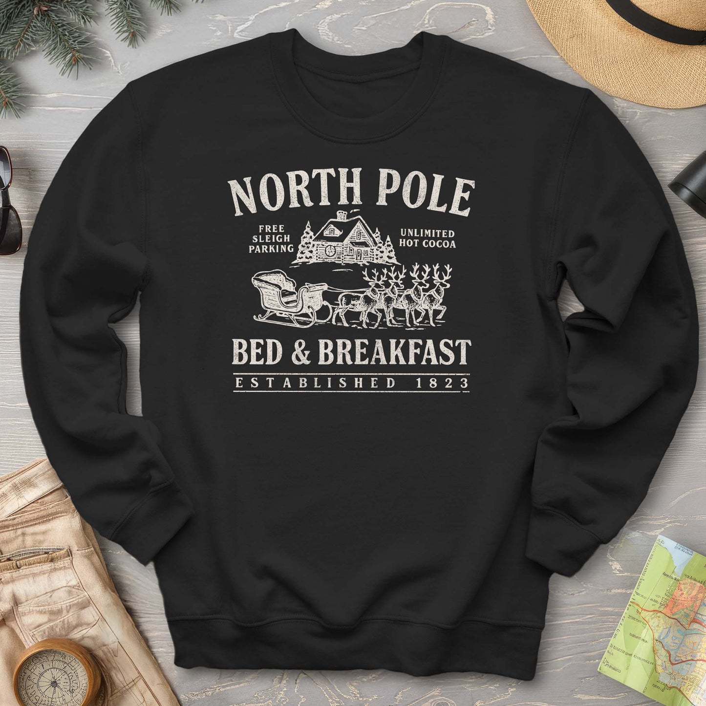 North Pole Bed and Breakfast Vintage Print Sweatshirt