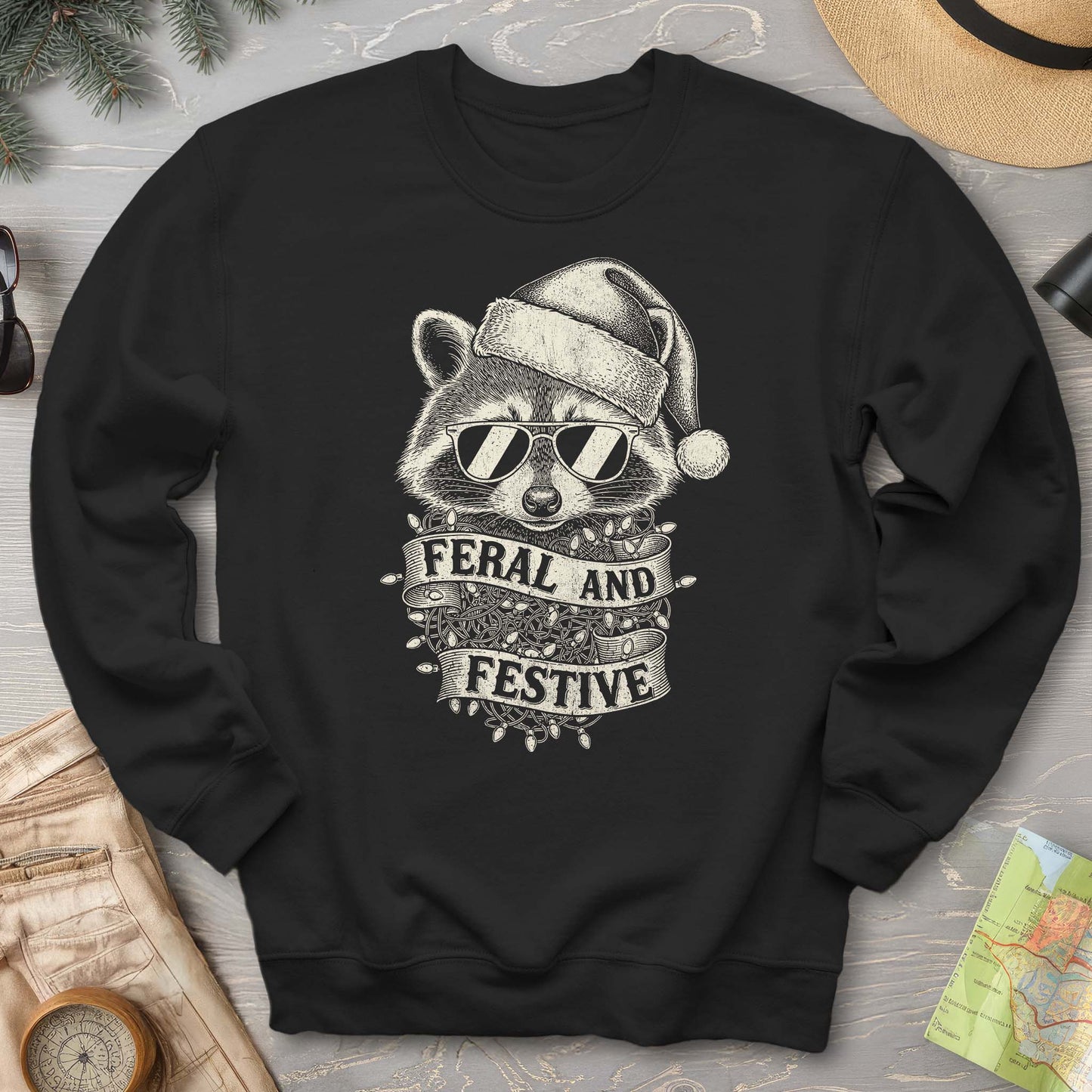 Feral and Festive Racoon Sweatshirt