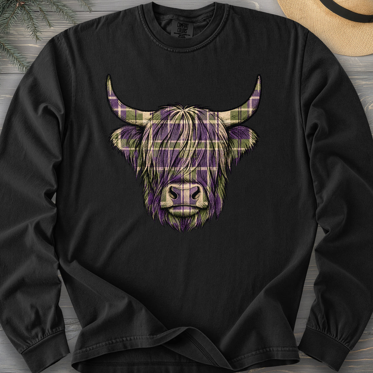 Scottish Highland Plaid Coo Comfort Colors 6014 Long Sleeve