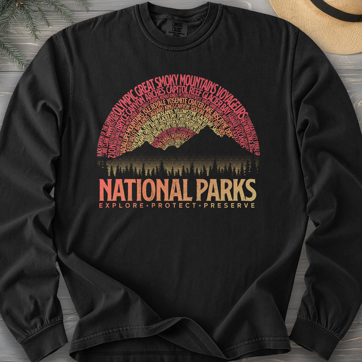 National Parks Word Art "Vintage Sunset" Long Sleeve Shirt