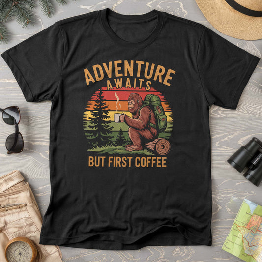 Adventure Awaits But First Coffee "Bigfoot Design" Comfort Colors T-Shirt