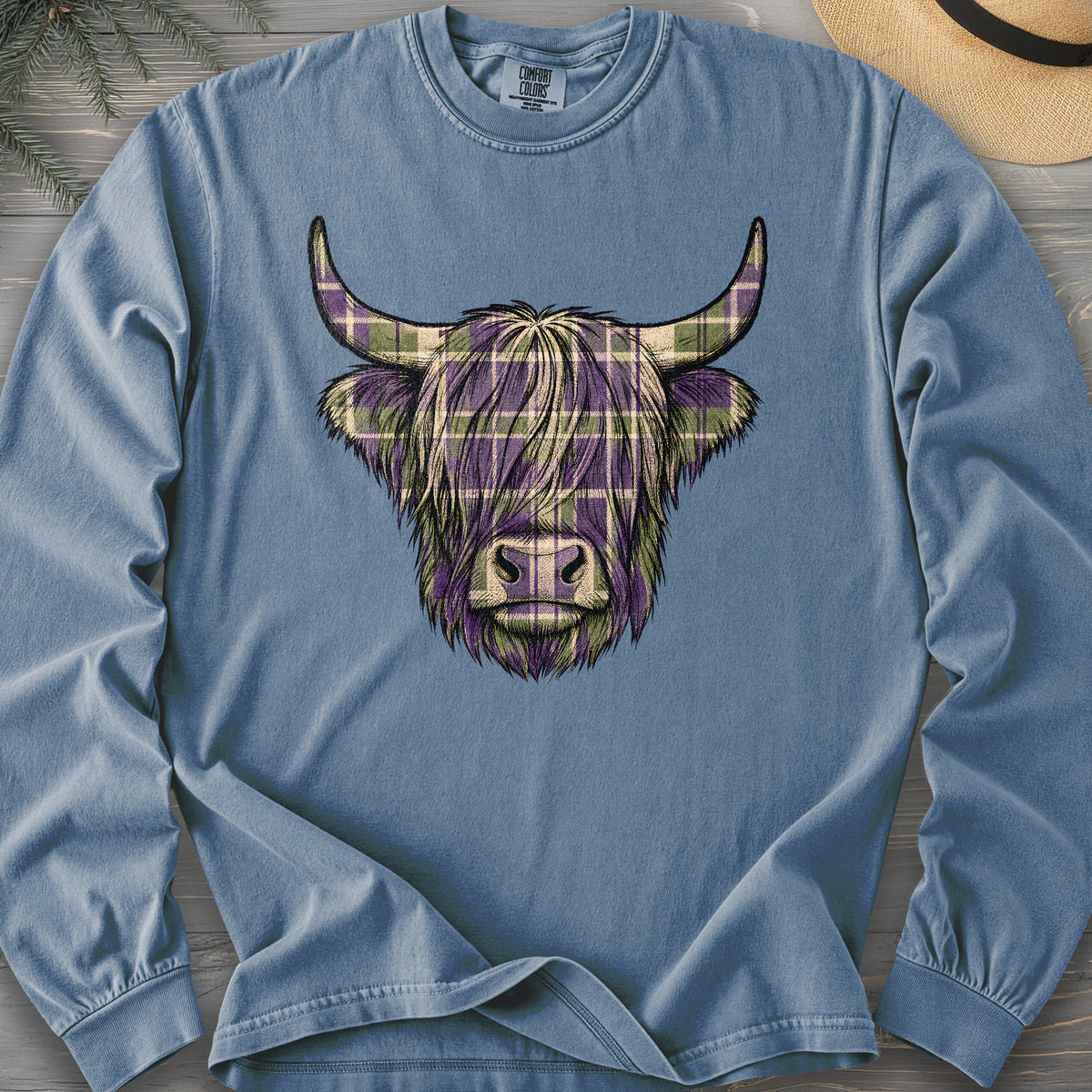 Scottish Highland Plaid Coo Comfort Colors 6014 Long Sleeve