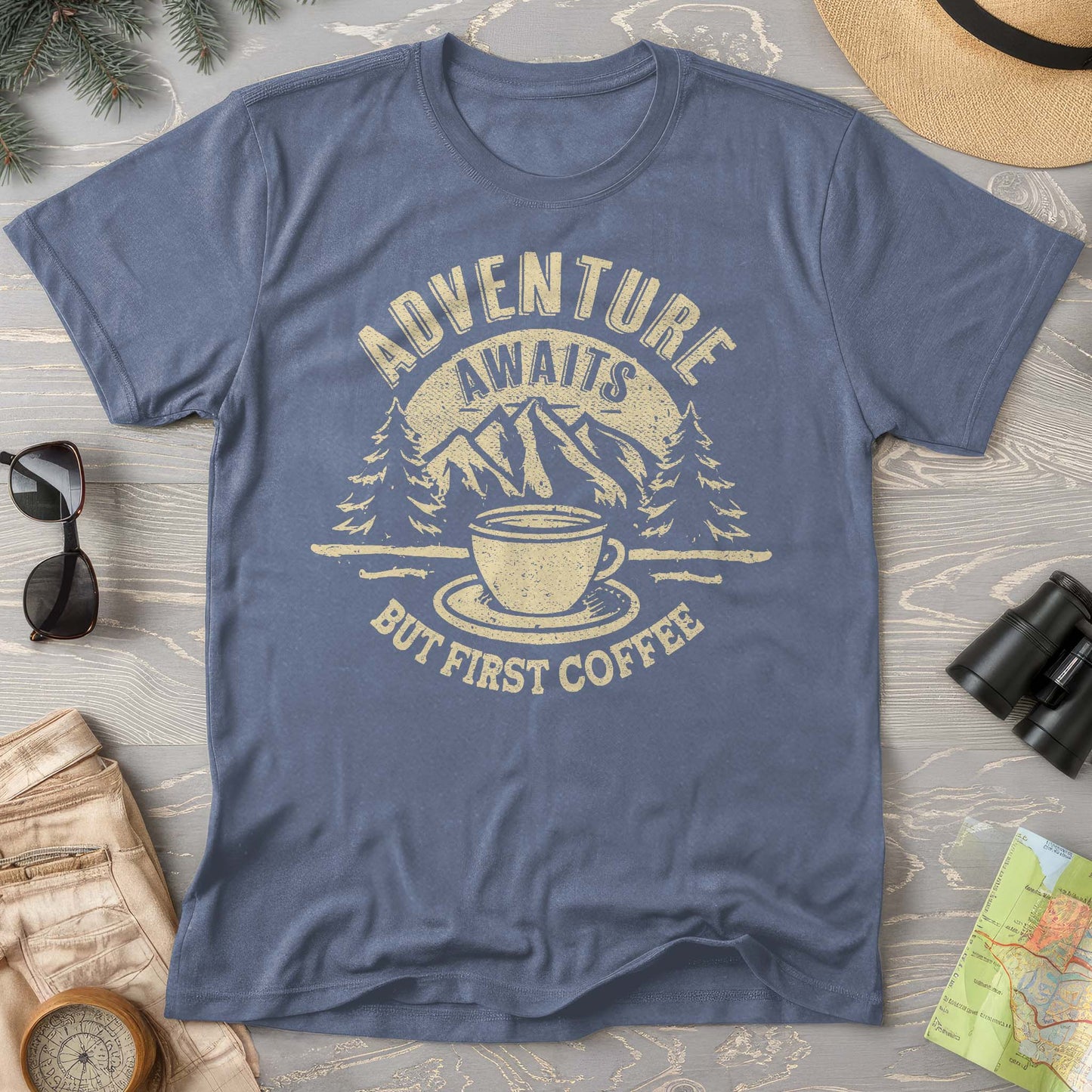 "Adventure Awaits But First Coffee" Comfort Colors T-Shirt