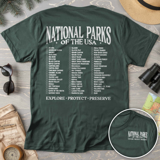 National Parks of the USA Checklist Front/Back Print T-Shirt