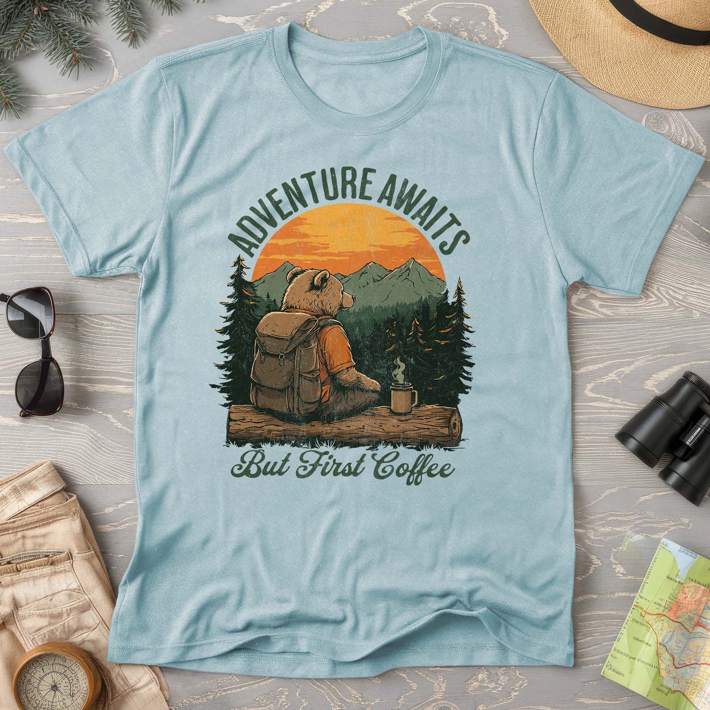 Adventure Awaits But First Coffee "Bear Design" Comfort Colors T-Shirt