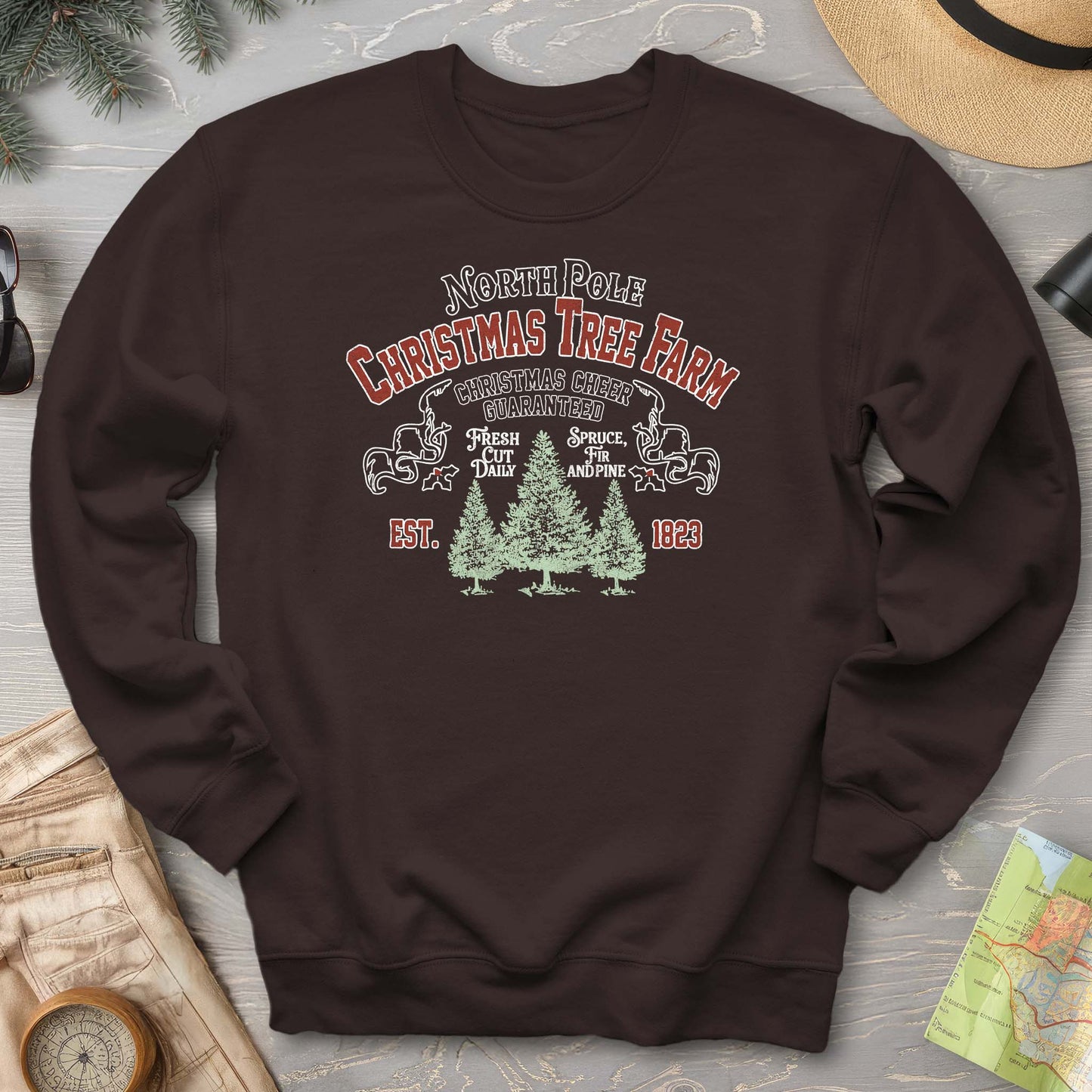 North Pole Christmas Tree Farm Vintage Print Sweatshirt