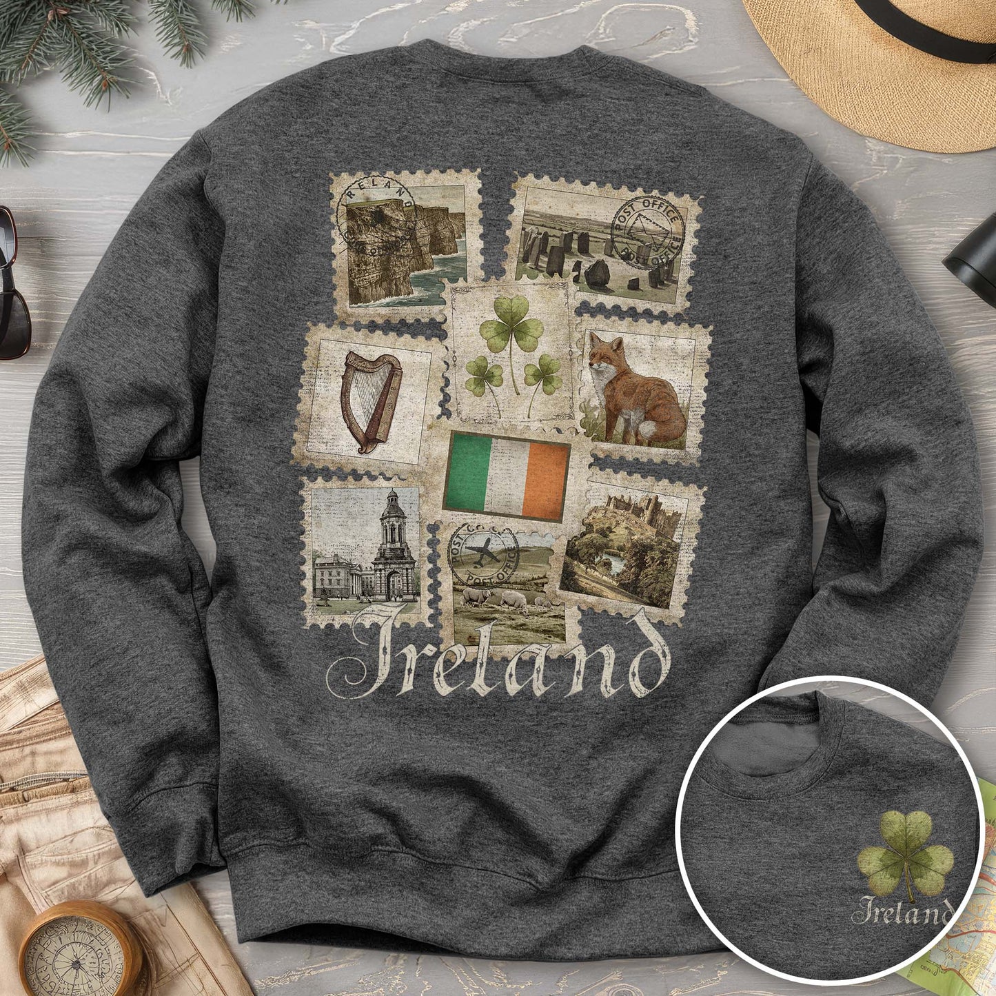 Ireland Vintage Stamps Front/Back Print Sweatshirt