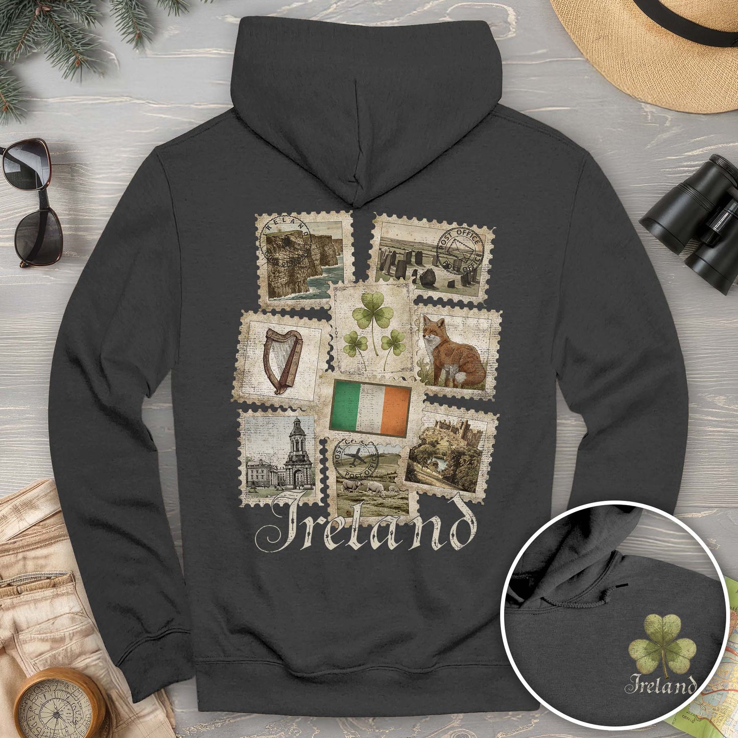 Ireland Vintage Stamps Front/Back Print Hoodie