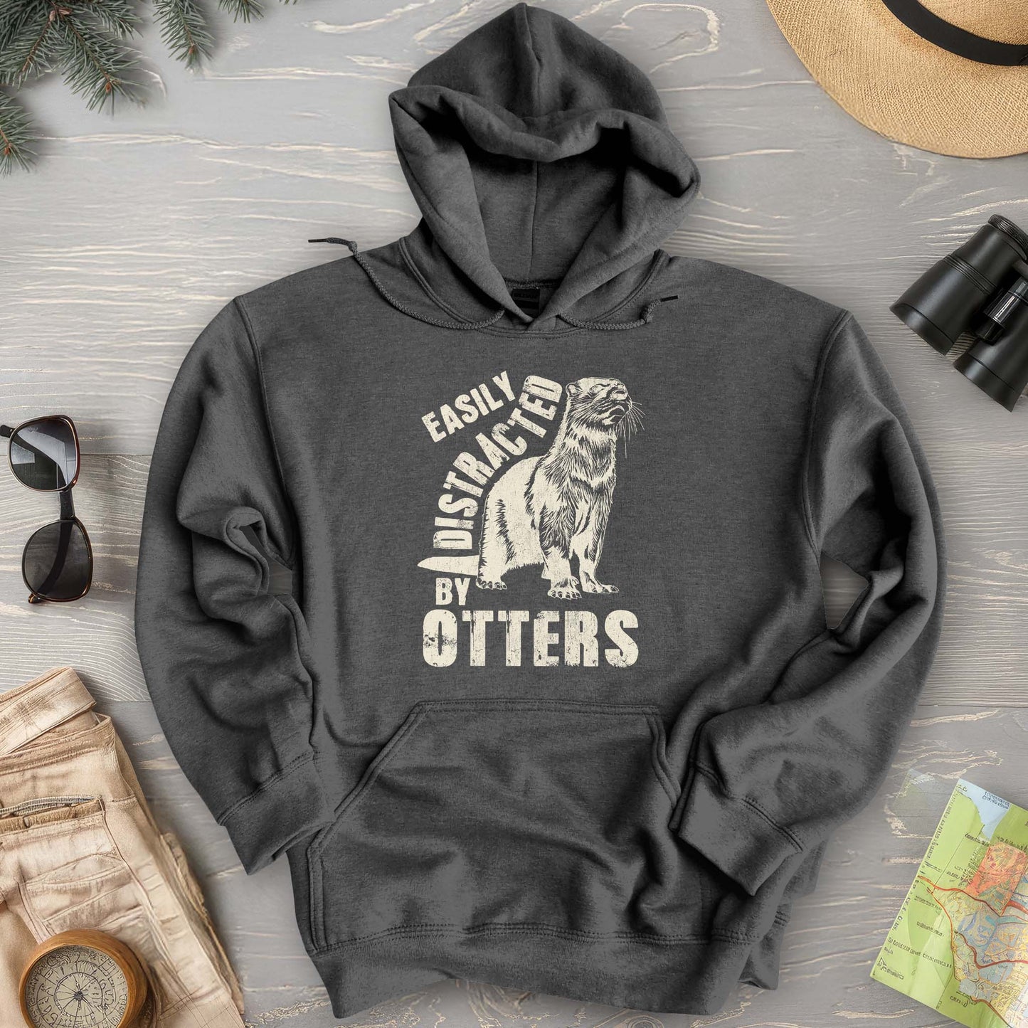 Easily Distracted By Otters Vintage Print Hoodie