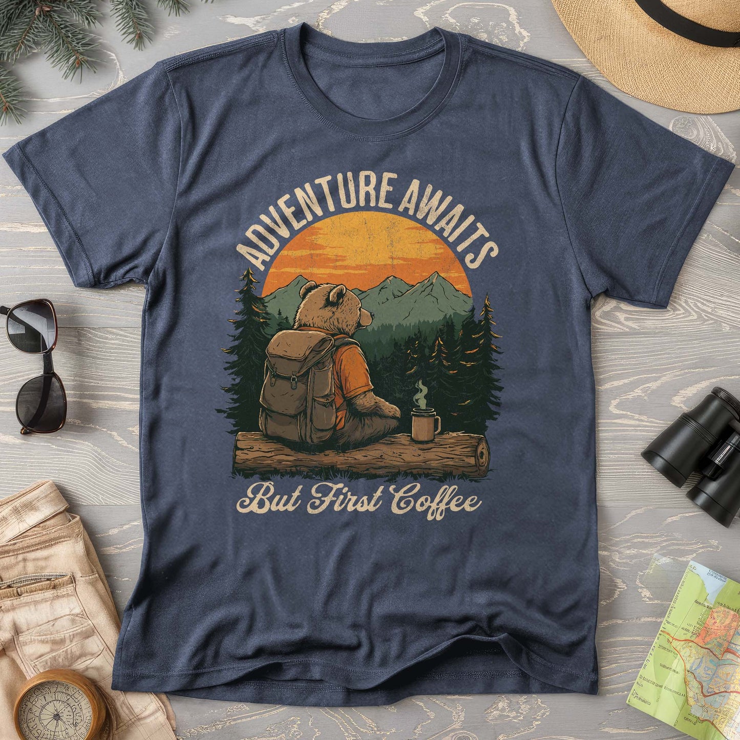 Adventure Awaits But First Coffee "Bear Design" Comfort Colors T-Shirt