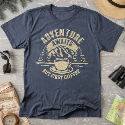 "Adventure Awaits But First Coffee" Comfort Colors T-Shirt