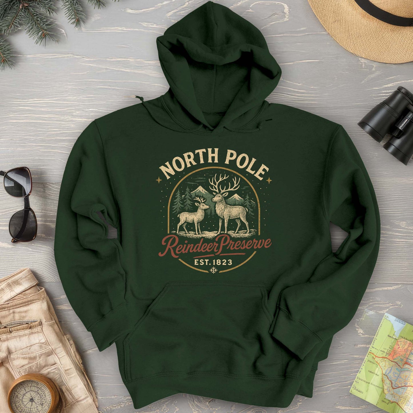 North Pole Reindeer Preserve Vintage Print Hoodie