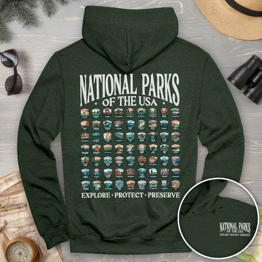Bargain Bin Overstock! National Parks of the USA 63 Badges Front/Back Print Hoodie