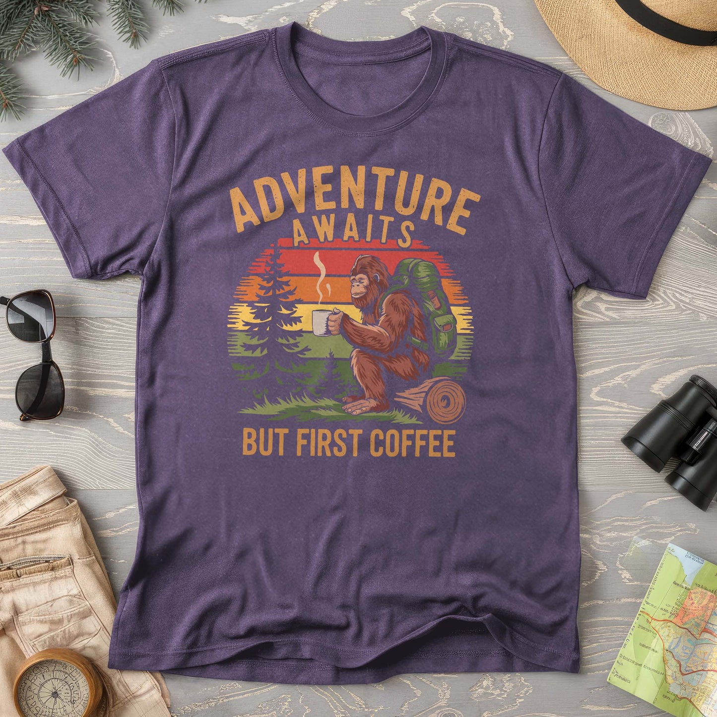 Adventure Awaits But First Coffee "Bigfoot Design" Comfort Colors T-Shirt