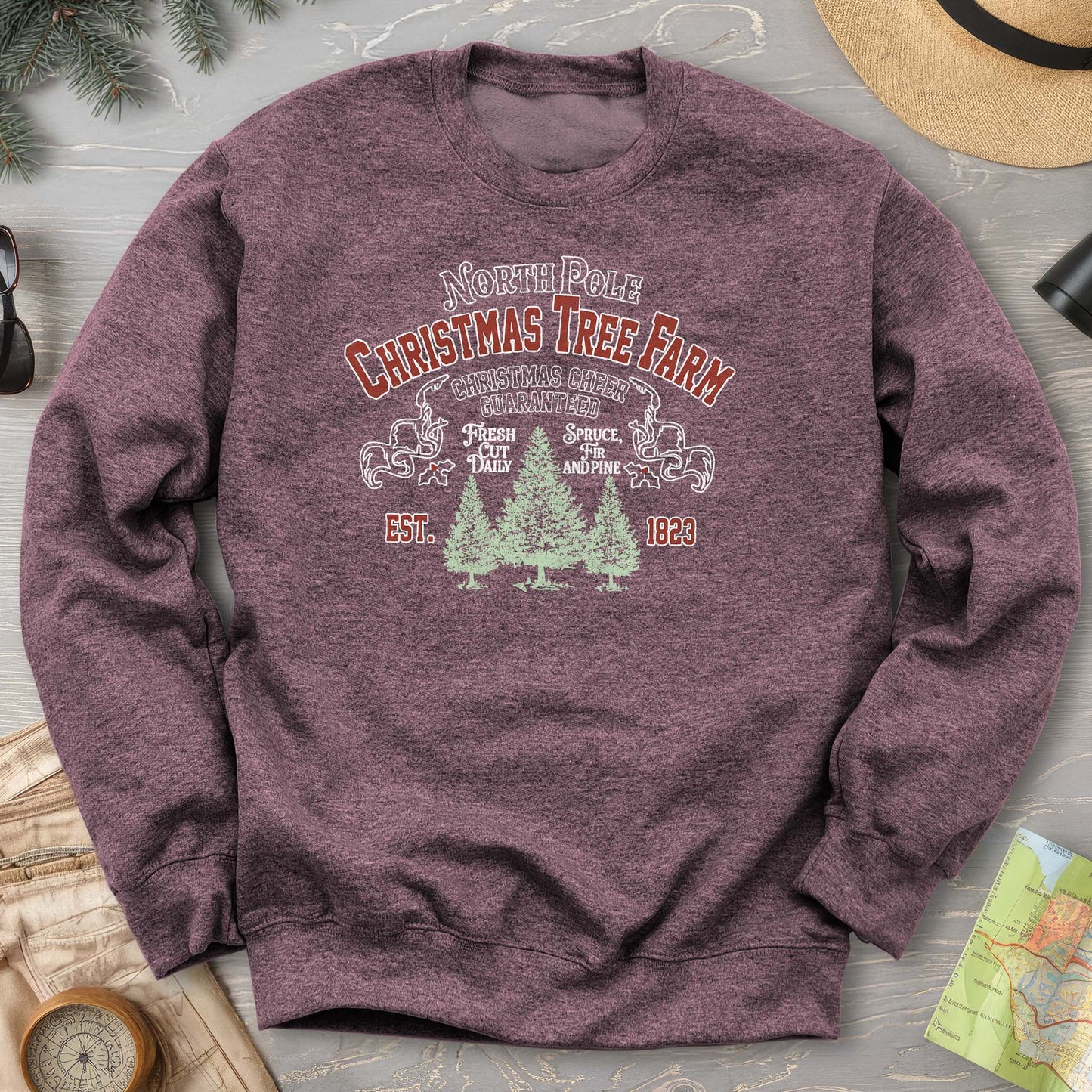 North Pole Christmas Tree Farm Vintage Print Sweatshirt