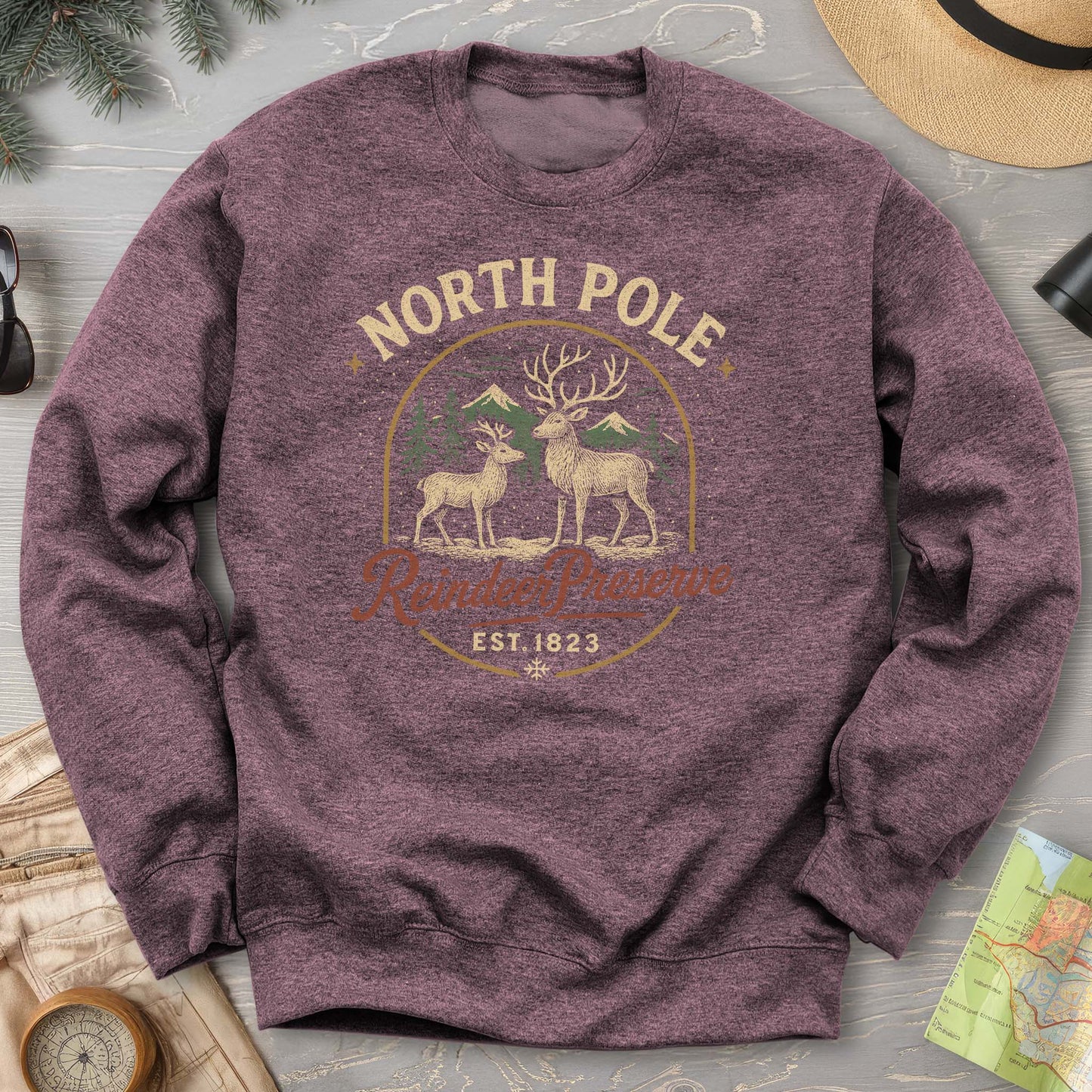 North Pole Reindeer Preserve Vintage Print Sweatshirt