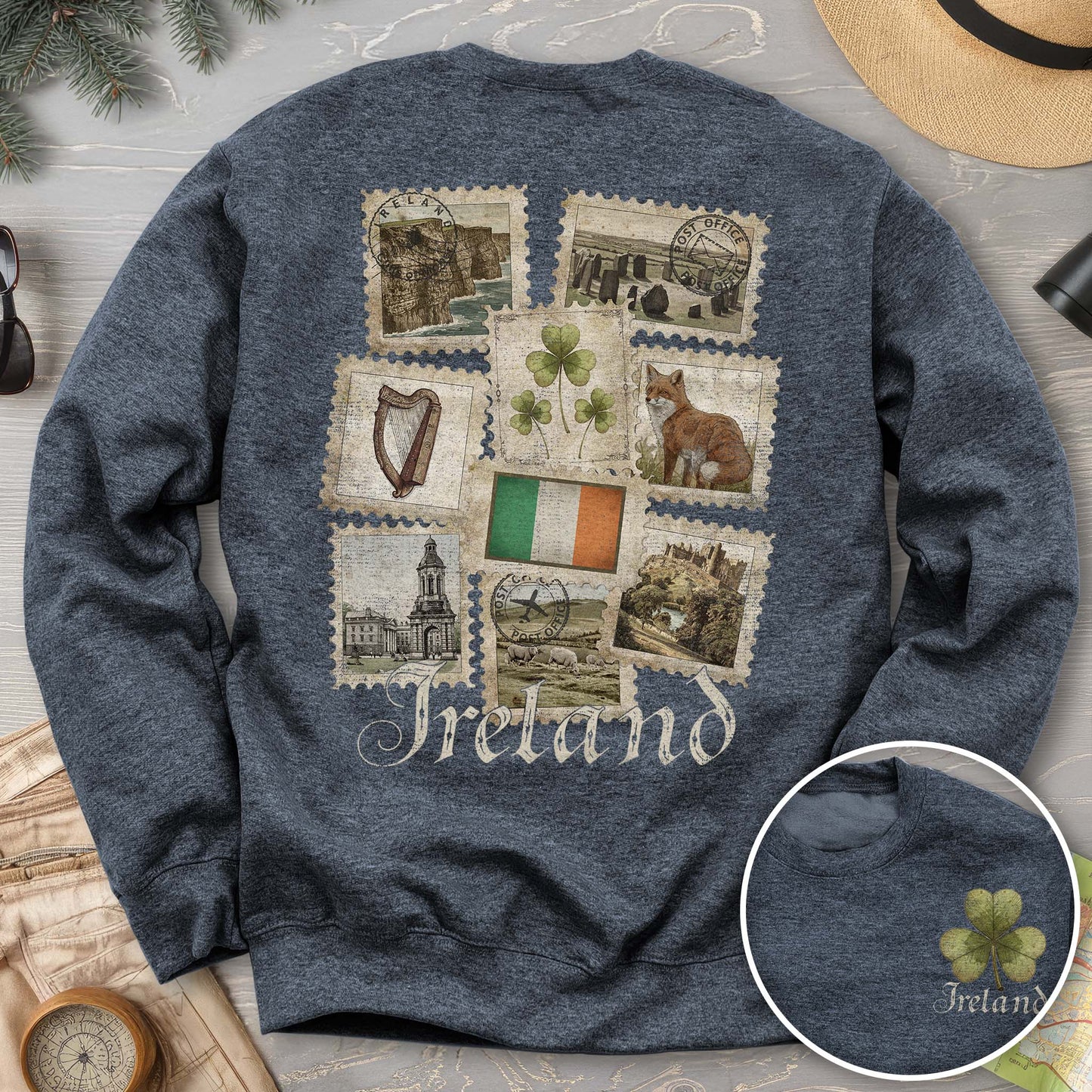 Ireland Vintage Stamps Front/Back Print Sweatshirt
