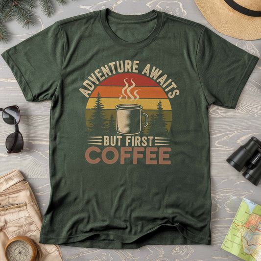 Adventure Awaits But First Coffee "Vintage Sunset" Comfort Colors T-Shirt