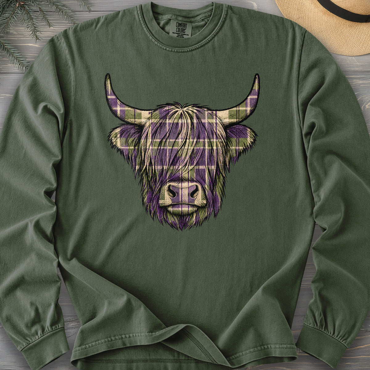 Scottish Highland Plaid Coo Comfort Colors 6014 Long Sleeve