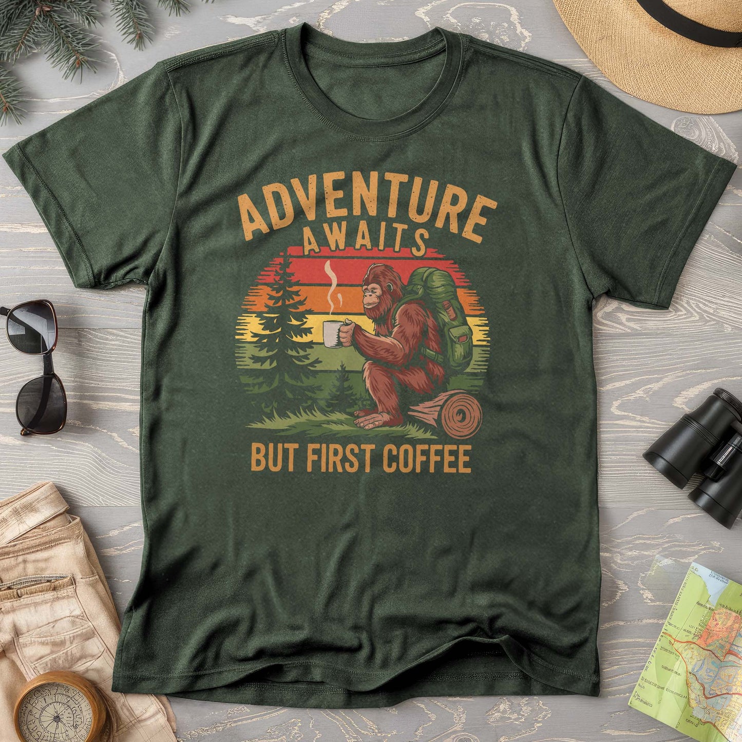 Adventure Awaits But First Coffee "Bigfoot Design" Comfort Colors T-Shirt